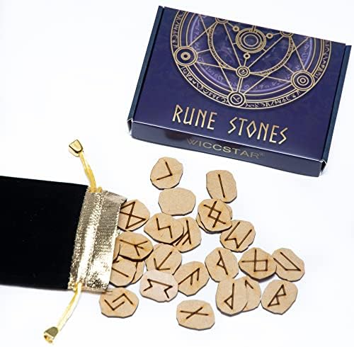 runes divinatoires wiccstar en bois naturel ensemble de 25 avec sac, mise en page et parchemin d'interprétation