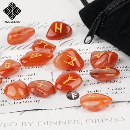 pack rune viking divinatoire en cornaline💎: 25 pierres gravées + sac noir + ebook (pdf) pour divination/voyance