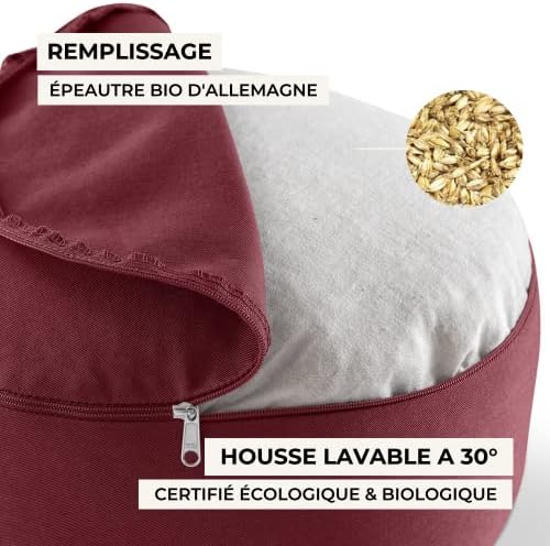 lotuscrafts coussin de méditation yoga confortable rond, rembourrage Épeautre, coton lavable et certifié gots