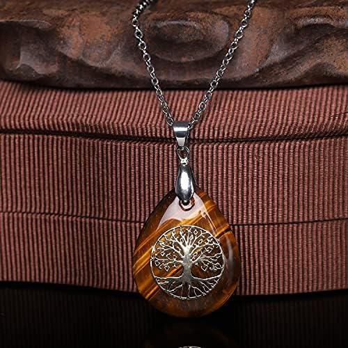 pentacle de protection: collier thajaling en Œil de tigre avec pendentif cristal & arbre de vie, chaîne en acier inoxydable