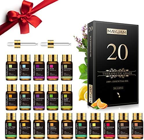 coffret luxe mayjam 20 huiles essentielles : lavande, jasmin, eucalyptus, vanille, santal idéal diffuseur & humidificateur