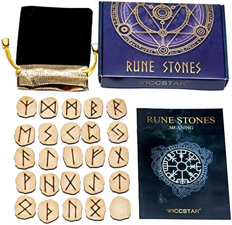 runes divinatoires wiccstar en bois naturel ensemble de 25 avec sac, mise en page et parchemin d'interprétation