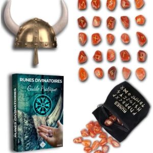 pack rune viking divinatoire en cornaline💎: 25 pierres gravées + sac noir + ebook (pdf) pour divination/voyance