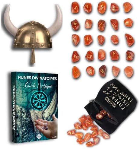 pack rune viking divinatoire en cornaline💎: 25 pierres gravées + sac noir + ebook (pdf) pour divination/voyance
