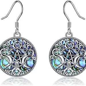 pentacle de protection en argent sterling : boucles d'oreilles déesse triple lune, talisman magique wiccan, bijoux arbre de vie pour femmes et hommes
