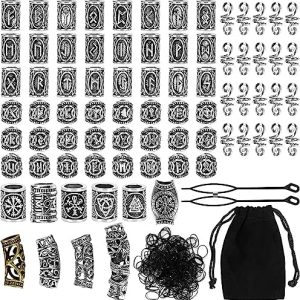 kits de runes viking queta 80 pcs pour barbe/cheveux avec 300 bandes caoutchouc