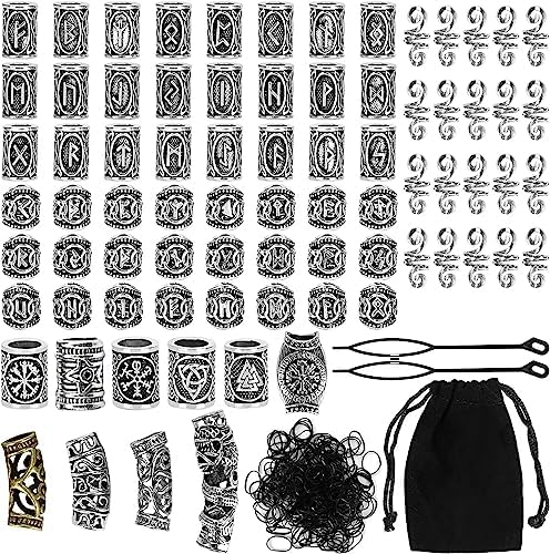 kits de runes viking queta 80 pcs pour barbe/cheveux avec 300 bandes caoutchouc