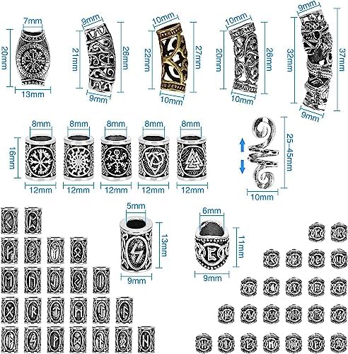 kits de runes viking queta 80 pcs pour barbe/cheveux avec 300 bandes caoutchouc